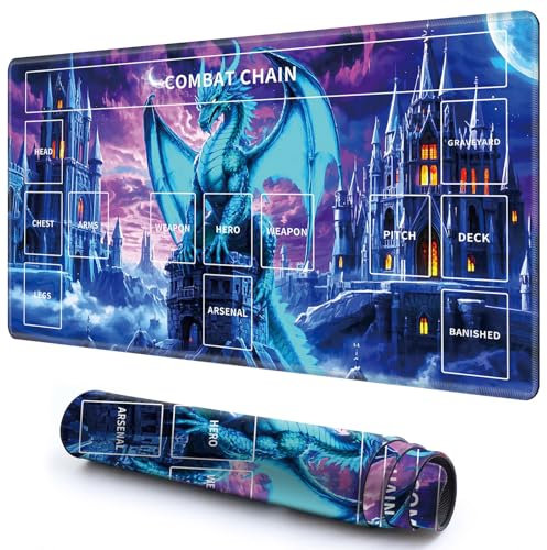 Niedliche Spielmatte mit Zonen -3 für MTG-Kartenspiel, 69,8 x 49,9 cm, rutschfeste Schreibtischunterlage mit glatter Oberfläche und genähtem Rand für TCG-Karten-Brettspiele-Zubehör, Schlossblauer