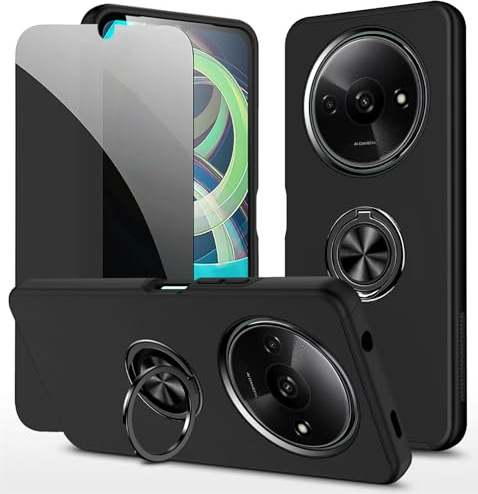Dechyi Privacy Coque pour Redmi A3 Housse Etui avec Anti-Espion Verre trempé avec Support de Bague résistant aux Chocs résistant aux Rayures PC Silicone Heavy Duty-Noir