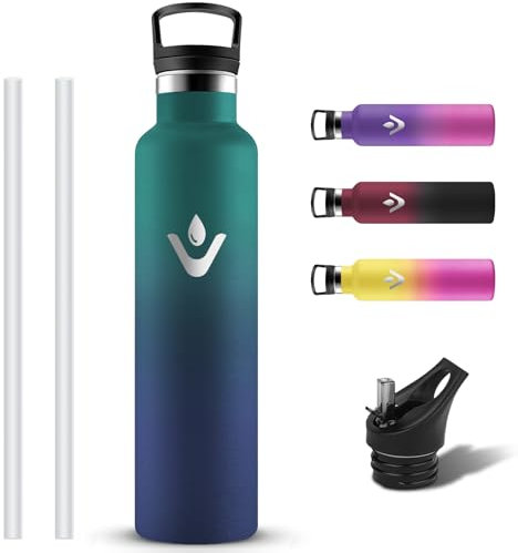 Grsta Botella Agua Acero Inoxidable 1 litro, Reutilizable Cantimplora Aislada con 2 Tapones, Termo sin BPA, Prueba de Fugas Botella Termica con Pajita y Filtro para Escuela, Senderismo, Deporte