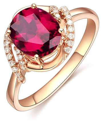 Stfery 18 Karat Rosegold Au750 Ring Damen, Trauringe mit Turmalin Rot in Ovalschliff, Diamantring Echt Gold Schmuck, Gr.63 (20.1)