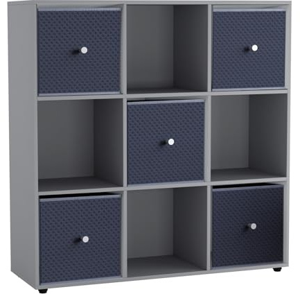 URBNLIVING 9 Cube Storage Unit with 5 Foldable Fabric Drawers, Wooden Freestanding Bookcase Shelf Organiser, Modern Cube Shelving for Bedroom, Office, Living Room, Toys, Clothes & Books