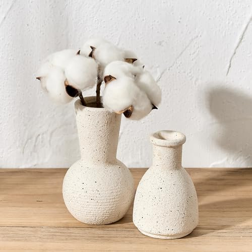 Weiße Keramikvasen im 2er-Set, niedliche Boho handgefertigte antike Dekoration, Mini einfache nordische Stil ästhetische dekorative Blumenvasen für Heimdekoration, Wohnzimmer, Bücherregal, Büro