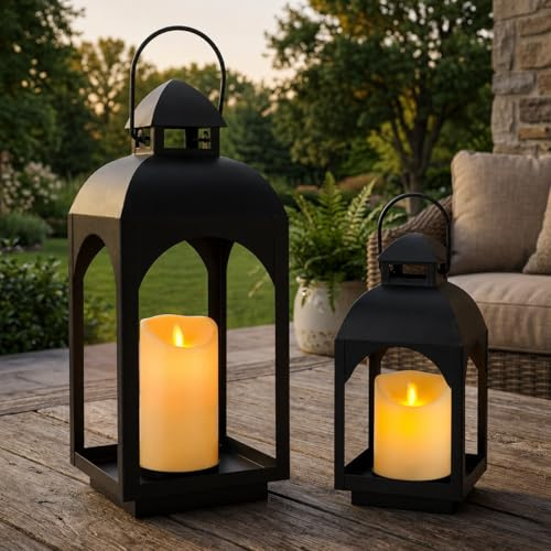 JHY DESIGN 2er Set Laternen Schwarz LED Kerzen 45,5/29 cm H | Vintage Metall Laternen mit LED Kerzen und Timer für Garten Balkon Terrasse Wohnzimmer und stimmungsvolle Dekoration
