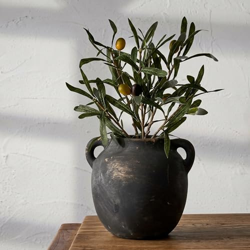 KRYSTHIA Keramik-Blumenvase mit Griffen, dekorative schwarze Vase, rustikale Terrakotta-Vasen für Heimdekoration, Bauernhaus-Vintage-Vasen für Wohnzimmer, Küche, Schlafzimmer, Büro, Couchtisch, 14 cm