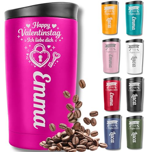 KUINEA Thermobecher personalisiert mit Gravur – Valentinstagsgeschenk für Partner – Coffee To Go Becher aus Edelstahl, 350 ml, auslaufsicher – Pink