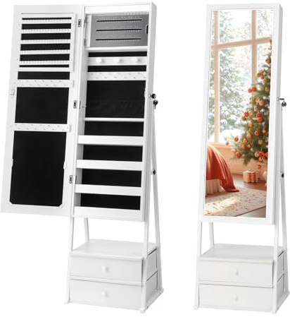 Karl home LED Light Jewellery Cabinet Full-Length Mirror 3-Angle Adjustable | Freestanding Lockable Jewelry Armoire with 2 Drawers and 1 Shelf, Storage for Bedroom Drawer, Hooks, Shelves White