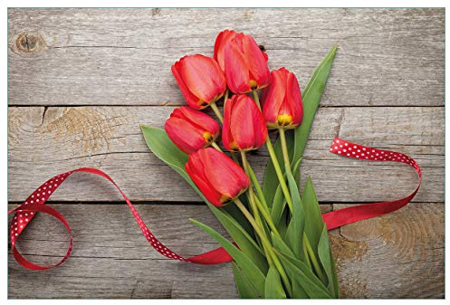 Wallario Küchenrückwand selbstklebend 90 x 60 cm, Motiv: Rote Tulpen auf einem Alten Holztisch | Spritzschutz abwischbar & pflegeleicht