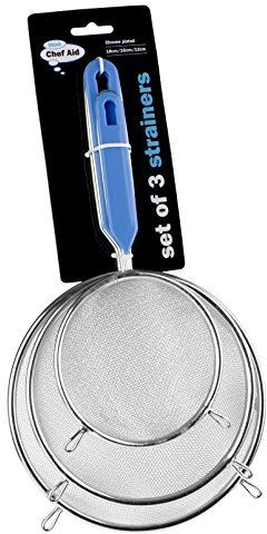 Chef Aid Chrome Plated Strainers, 3 Piece Set, Silver, 24.5cm, 30cm, 32cm, Durable Fine Mesh Sieve Set for Sifting, Straining & Draining