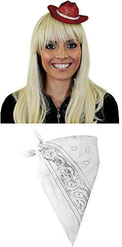 Ilovefancydress Mini-Cowgirl-Hut mit weißem Paisley-Bandana, ideal für Westernpartys oder Junggesellinnenabschiede, Rot