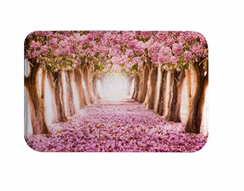 A.Monamour Badematten Badteppiche Badvorleger Frühlingssaison Rosa Kirschblüten Bäume Gefallene Blumen Tief Lange Pfad Straße Flanell Fußmatten Eingang Weg Fußmatten Bereich Teppiche 40x120cm