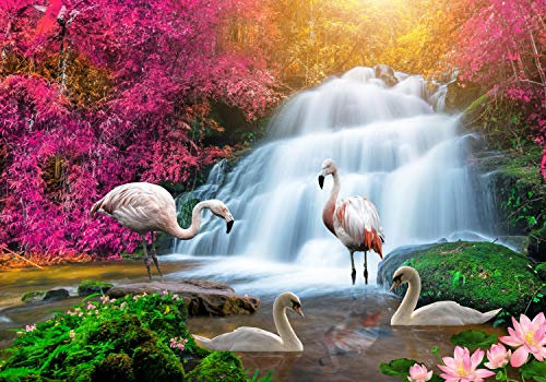 wandmotiv24 Fototapete Flamingos Wasserfall Traum, S 200 x 140cm - 4 Teile, Wanddeko, Wandbild, Wandtapete, Blumen, Wald, Rosa M1278