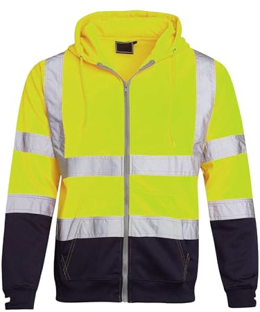 shelikes Mens Hi Vis Viz Jacket High Visibility Coat Two Tone Hooded Sweatshirt Zip Up Hoody Safety Work Top