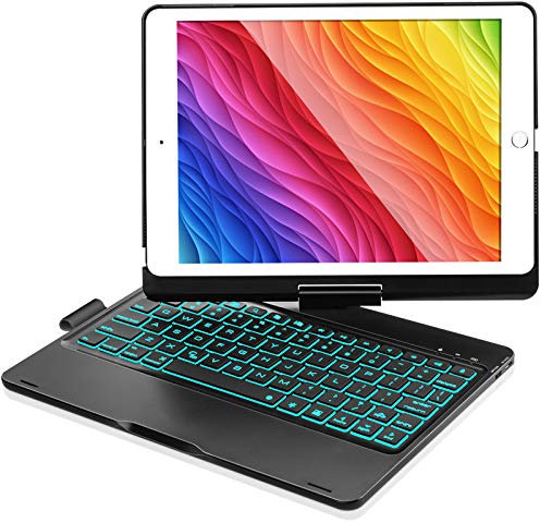 iPad Keyboard Case for iPad 2018(6th Gen)/2017(5th Gen)/iPad Pro 9.7/Air 2/Air, 360 Rotating 7 Colors Backlit Wireless/BT Keyboard Case Cover, Thin & Light, iPad Case with Keyboard - Black