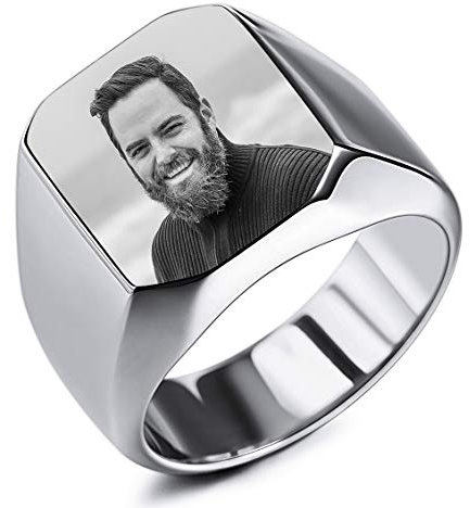 INBLUE Personalisierte Siegelring Gravur Schwarzes Bild Gravur Benutzerdefiniert Foto für Männer Jungen Frauen Mädchen Memorial Edelstahl-Schmuckpaket mit Ring Größen Einstellen (Silberfarbe)