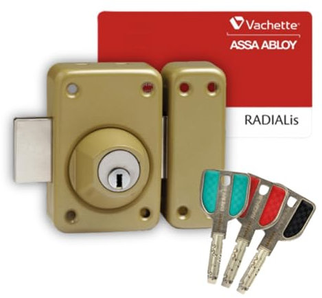 Vachette Verrou de porte Double Cylindre RADIALis V136, Sécurité Maximum - Cylindre ø 25mm, Longueur 45mm, 10 goupilles - 67743/SC - Anti crochetage perçage arrachement - 3 clés et carte de propriété