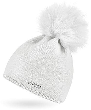 Neverless® Damen Strickmütze Strick-Beanie mit Bommel Winter-Mütze Bommelmütze Feinstrick weiß
