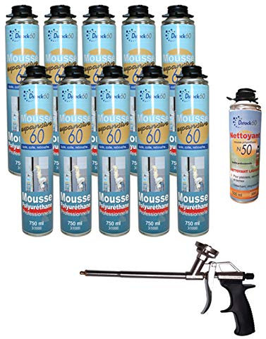STOCK60 – 10 Stück Bauschaum/Montageschaum + 1 Sprühpistole + 1 Reiniger - Professioneller Polyurethan Schaumstoff – Isolierung, Kleber und Abdichtung - für den Innen- und Außenbereich
