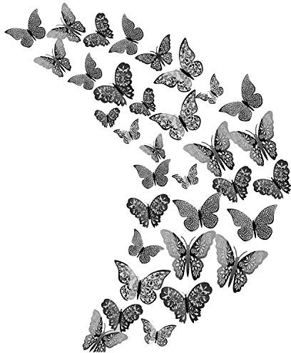 36 hohle Metallschmetterling 3D Aufkleber, Baby/Mädchen Raumdekoration Aufkleber, DIY Wandaufkleber, Hochzeitsfeier abnehmbare Wandaufkleber (dunkelgrau)
