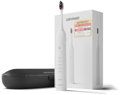 Zahnheld® Elektrische Schallzahnbürste GERO mit Reiseetui und Bürstenkopf | Für eine täglich effektive Zahnreinigung | Lange Akkulaufzeit | 5 Putzmodi | weiß