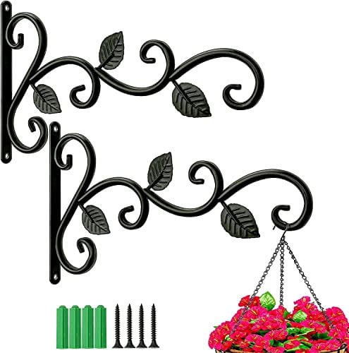 2Pcs Hanging Basket Brackets,Outdoor Hanging Brackets Wall Hooks,Hanging Basket Brackets Outdoor for Garden Lawn Light Flower Pots Bird Feeders (Three Leaves)