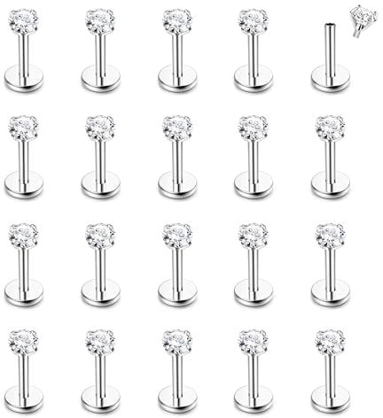 CASSIECA 16G 20Pcs Piercing Ohr Silber Helix Piercings Chirurgenstahl Piercing Ohr Conch Piercing Nasenpiercing Tragus Piercing Lippenpiercing Labret Piercing Studs 6mm für Frauen Männer