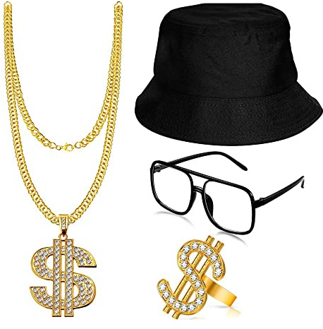 4 stücke Rapper Zubehör 80/90 Jahre Hip Hop Kostüm Kit Vergoldet Eimer Hut Sonnenbrille Gold Kette Ring für Männer Frauen Verkleiden sich