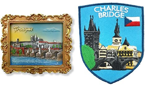 A-ONE Charles Bridge Karluv Most Czech Republic 3D Poly Kühlschrank Magnet 1PC + Prager Stone Bridge Hat Embroidered Patch 1PC, Holiday Fridge Sticker, Combat Patch for Clothes Home Decor C197+275