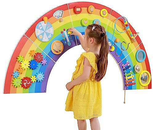 SPARK & WOW Regenbogen Spieltafel und Aktivitätscenter - Alter 18M+ - Sensorisches Wandspielzeug - 10 Aktivitäten - Aktivitätsbrett - Kindzimmer Dekoration