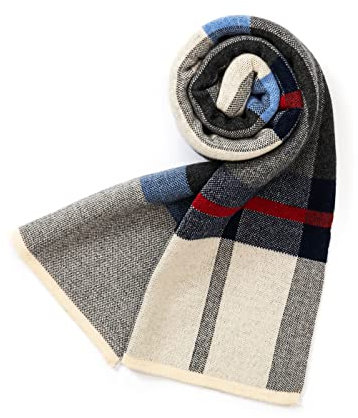 Villand Australischer Merinowolle Tartan Strickschal für Herren, karierte Winterwarme dicke weiche Halsbekleidung mit Geschenkbox, 180 × 30 cm (Navy Graues Tartan)
