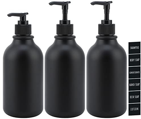 Segbeauty Matt Dispenser, 3 Stück 500ml Schwarz Seifenspender Set für Lotion Shampoo Duschgel, Spülmittelspender zum Befüllen mit Etiketten, Nachfüllbar Plastikflasche für Küche Bad -Runddüse