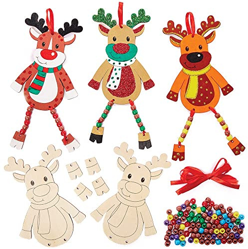 Baker Ross FX238 Rentier Holz Bastelset mit Perlen für Kinder-5er Pack, Baumelbeine Set für Kinder Dekorieren, Ideal für Kindergeburtstag Basteln, Braun,Gelb,Rot