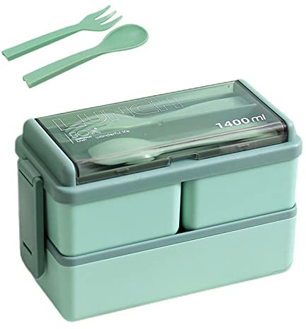Fiambrera de 1400 ml, caja bento para estudiantes con cubiertos, doble apilable sin BPA, contenedor BentoBox para preparación de comidas, 2 niveles y 3 compartimentos, lonchera para adultos y niños