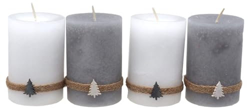 ZauberDeko Adventskerzen Kerzen 9cm H Stumpenkerzen Grau Weiß Weihnachten Advent Deko 4 Stück, Unparfümiert