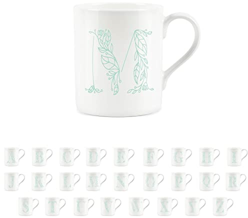 Purely Home Floral Green Letter M Mug - Fine Bone China Small Coffee Tea Mug Present Personalised Initial Gift
