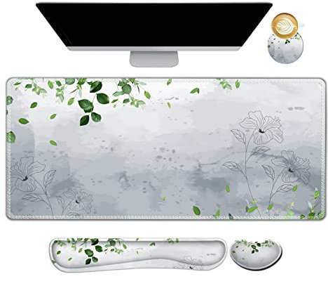 ARTSO Gaming-Mauspad, Handgelenkstütze, XXL, großes Schreibtischmatte, Mauspad + Tastatur-Handgelenkstütze, Maus-Handgelenkauflage, Untersetzer, Memory-Schaumstoff, grüne Blätter und Linienblume