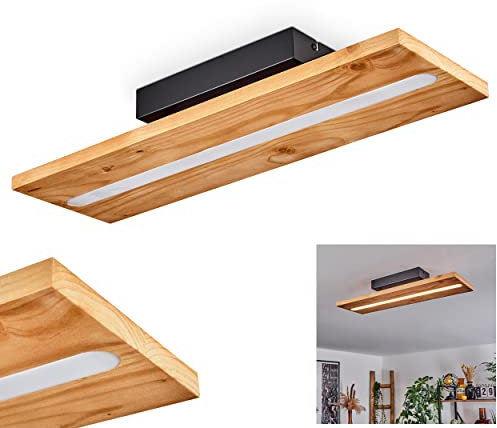 LED Deckenleuchte Adak, moderne Deckenlampe aus Metall/Holz/Kunststoff in Schwarz/Natur/Weiß, Leuchte mit Holzschirm, LED 15,5 Watt, 1750 Lumen, 3000 Kelvin