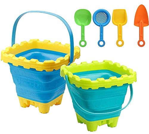 TRIXES Juego de 2 Cubos y Palas Plegables Vacaciones - Diseño de Silicona - Minimiza el Espacio en el Equipaje - Esencial de Vacaciones para niños de Primera calid