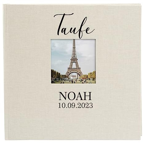 AWASG Fotobuch zum selbstgestalten einkleben mit Name | Fotoalbum 25x25 cm personalisiert mit Wunschtext | Album aus Leinen 60 Seiten weiß | Kommunion Hochzeit Taufe & Co. (beige)