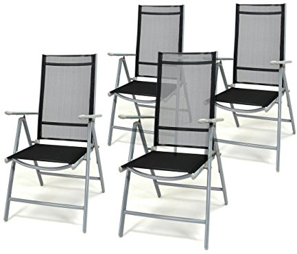 Nexos Trading 4er Set Klappstuhl schwarz Aluminium 7-Fach-verstellbar Gartenstuhl Hochlehner mit Armlehne witterungsbeständig leicht stabil Rahmen hellgrau