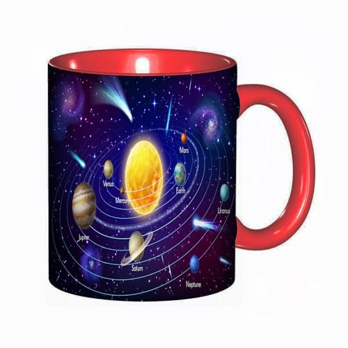 Tassendruck Merkur, Venus und Erde, Mars, Jupiter, Saturn und Uranus oder Neptun drehen sich um die Umlaufbahn der Sonne. Infografik zum Planetenvektor des Sonnensystems. Weltrau Kaffeetasse/Mug/Cup