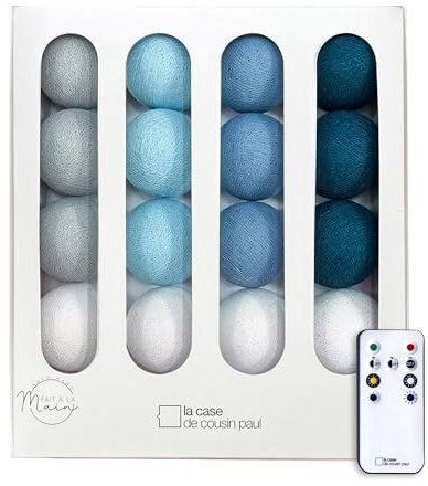 La Case de Cousin Paul Guirlande Lumineuse Chambre Enfant Boules Tissées LED, Télécommande, Programmable, USB, Fabriquée à la Main, Artisanale - 16 Boules (La vague)