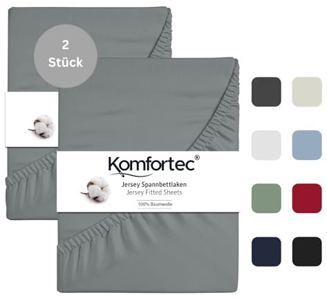Komfortec 2er Pack Jersey Spannbettlaken 90x200 cm, 100% Baumwolle, Doppelpack Spannbettuch, Grau