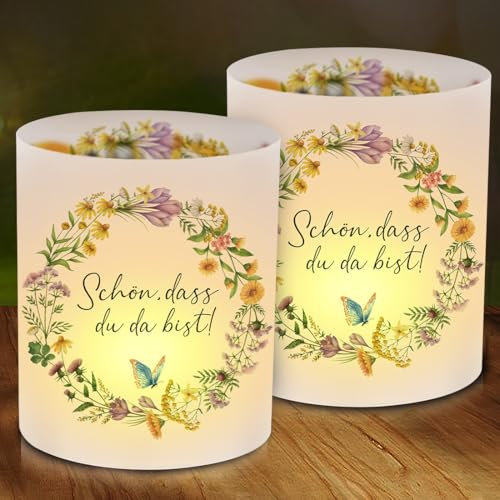 12 Windlicht Tischdeko Schön DASS du da bist, Frühling Blumenkranz Schmetterling Tisch Deko, Bunte Windlichter Tischdeko Taufe, Windlicht für Hochzeit Taufe Konfirmation Kommunion Baby Shower