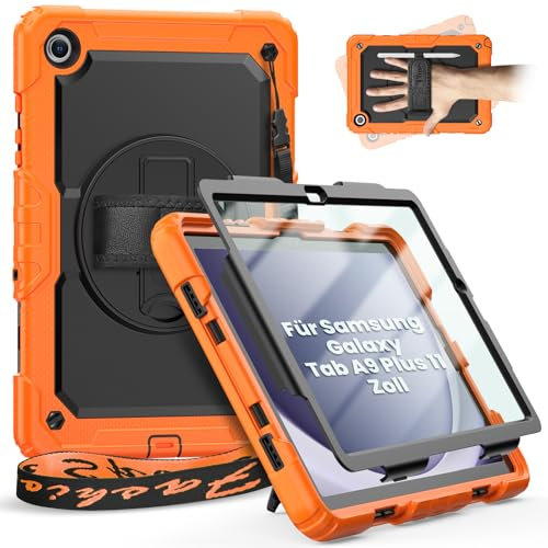 timecity Hülle für Samsung Galaxy Tab A9+/A9 Plus 11 Zoll 2023 SM-X210/SM-X216/SM-X218, Stoßfeste Robust mit Displayschutzfolie,Drehbar Stände, Handschlaufe, Schultergurt Schutzhülle für A9+,Orange