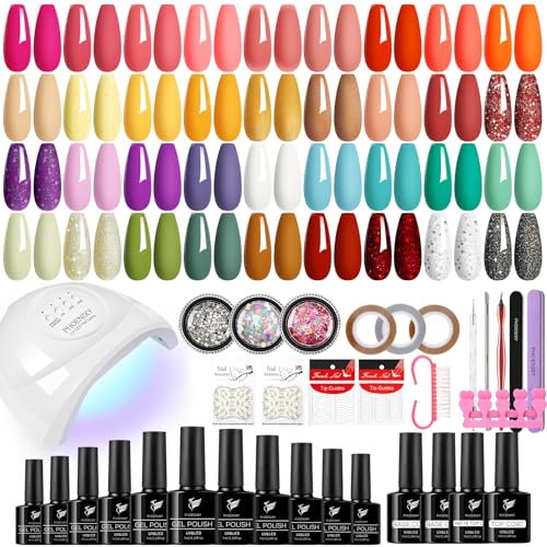 Gel Nail Polish Set, Phoenixy 58Pcs Gel Nail Kit with 48W U V/LED Nail Lamp Nude Brown Purple Glitter Base Top Coat Gift for Women