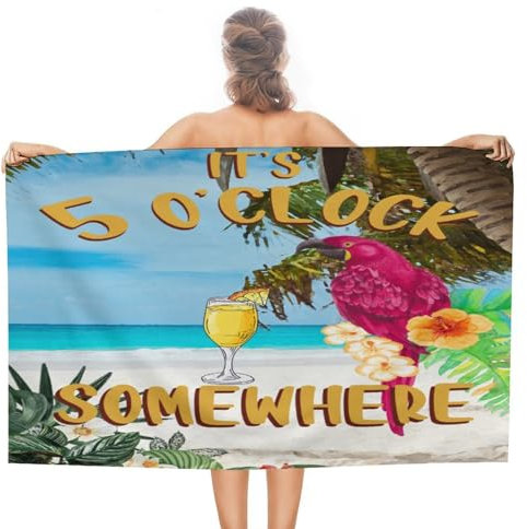 CustonCares It's Five O'clock Somewhere Strandtuch, sandfrei, kompakt, lichtbeständig, Reisehandtuch, lustiges Bier-Bar, Club, Glas, Papagei, Picknick, 78,9 x 130,9 cm, für Erwachsene, Männer, Frauen