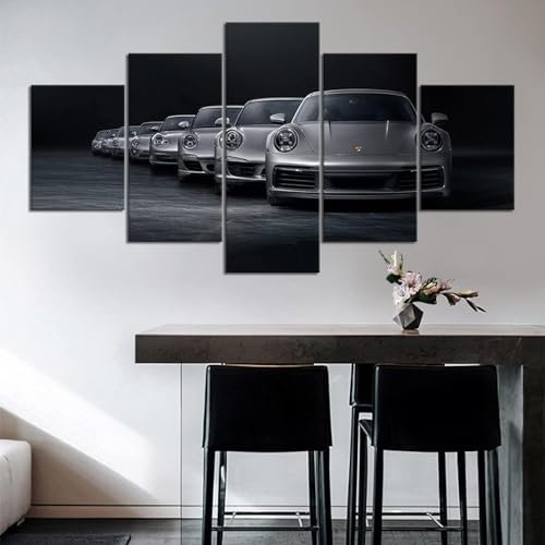 AZBESCZ Leinwand Bilder 5 Teilig Luxus Auto Porsch Sportwagen Schwarz und Weiß Wandbilder Wohnzimmer Modern Bilder, Poster, Kunstdrucke Büro Flur Bad Küchebilder -Ungerahmt