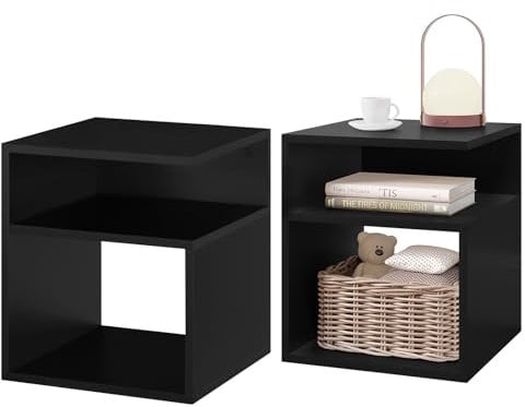 EUGAD 2er Set Nachttisch Schwarz, Beistelltisch mit 2 offene Fächer, 35x41,5x35 cm, Nachtkommode Nachtschrank für Boxspringbett, Platzsparender Nachttisch für Wohnzimmer Schlafzimmer, 0006CTG-2