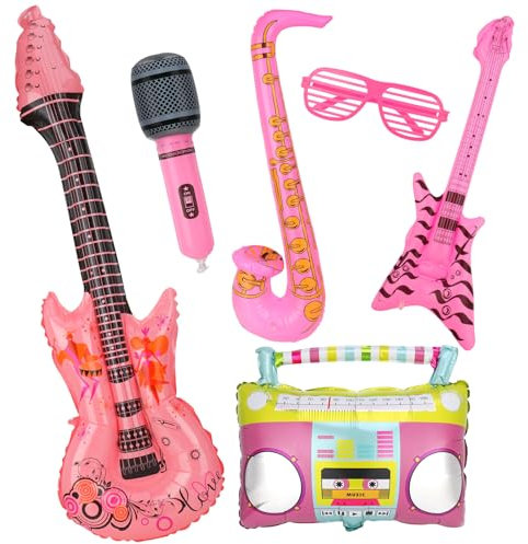 Candcamp Aufblasbare Party-Requisiten, Foto-Requisiten mit Brille, aufblasbare Gitarre, Bass, Radio, Mikrofon und Saxophon, Requisiten für 80er-90er-Jahre Themen-Disco-Party, Fotoautomaten-Dekoration,