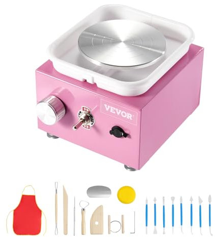 VEVOR Mini Ruota per Ceramica 0-320 Giri/min Macchina per Stampaggio di Bacino Staccabile, Velocità Regolabile, 2 Piatti Girevoli Ruota per Ceramica Elettrica, Mini Tornio di Ceramica 18 Pezzi Rosa
